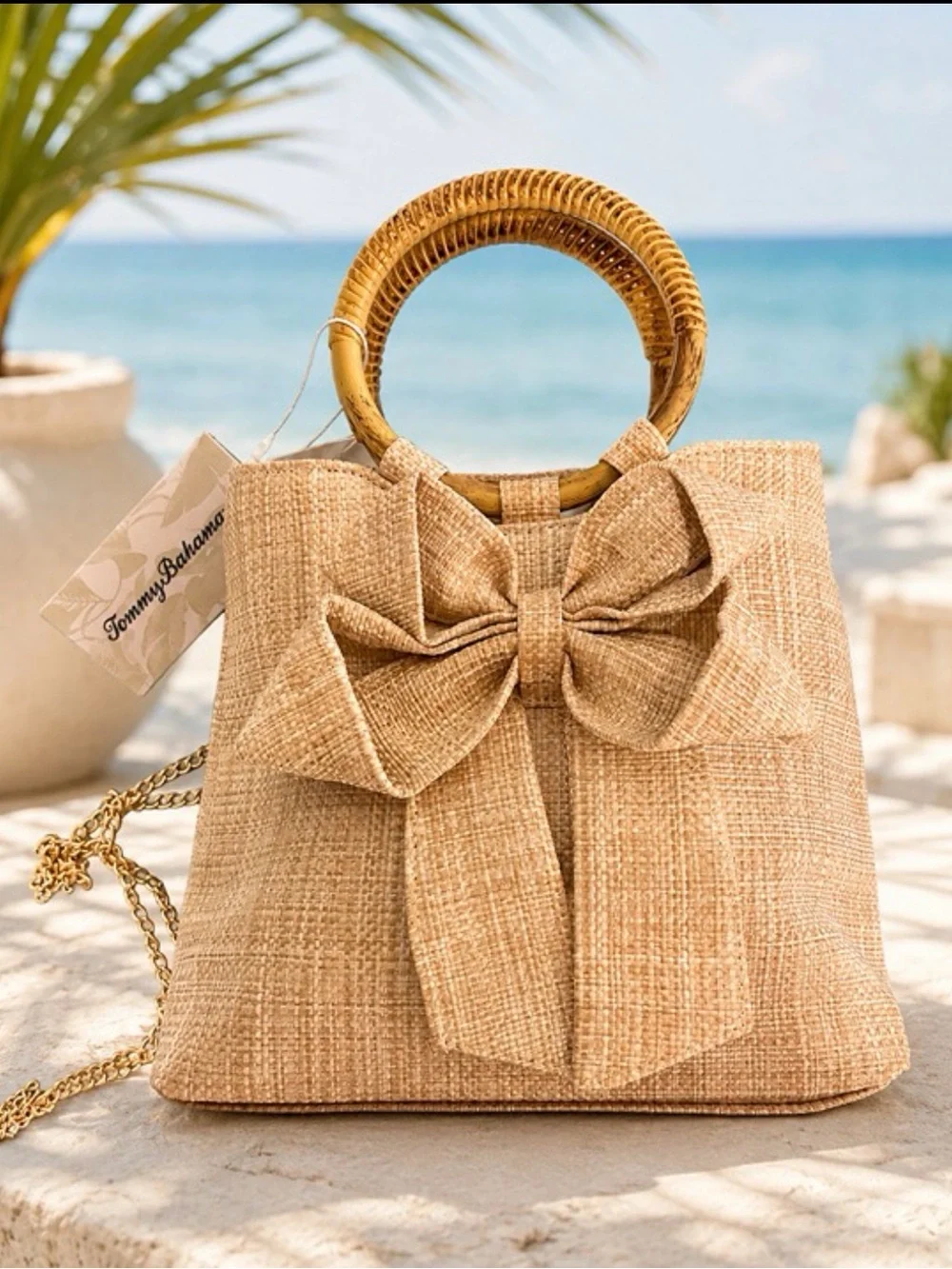 Tommy Bahama Bow Straw Bag Bamboo Handle Chain Crossbody NWT